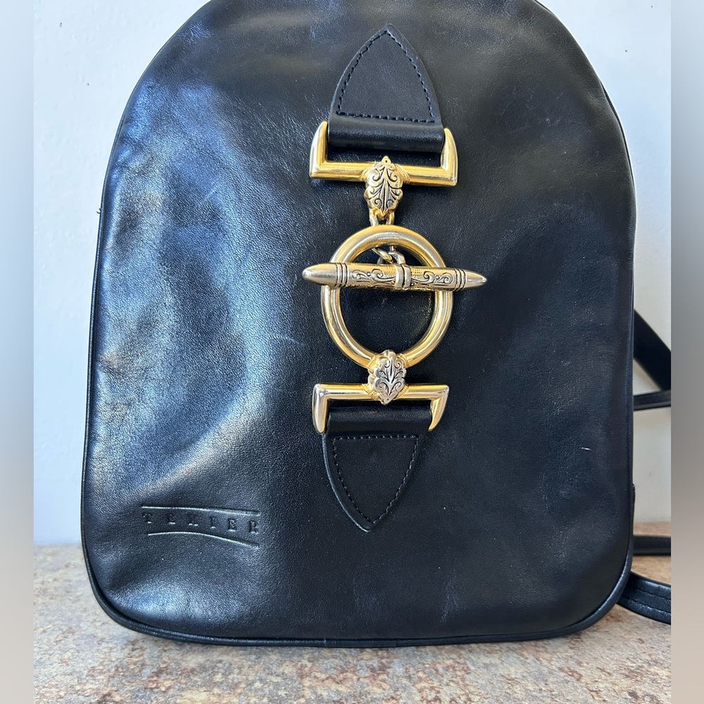 Texier Black Leather Mini Backpack with Sexy Gold Toggle - Picture 5 of 14